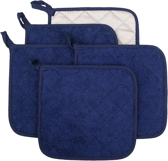 100% Cotton Kitchen Everyday Basic Terry Pot Holder Heat Resistant Coaster Potholder for Cooking and Baking Set of 5 Dark Blue
