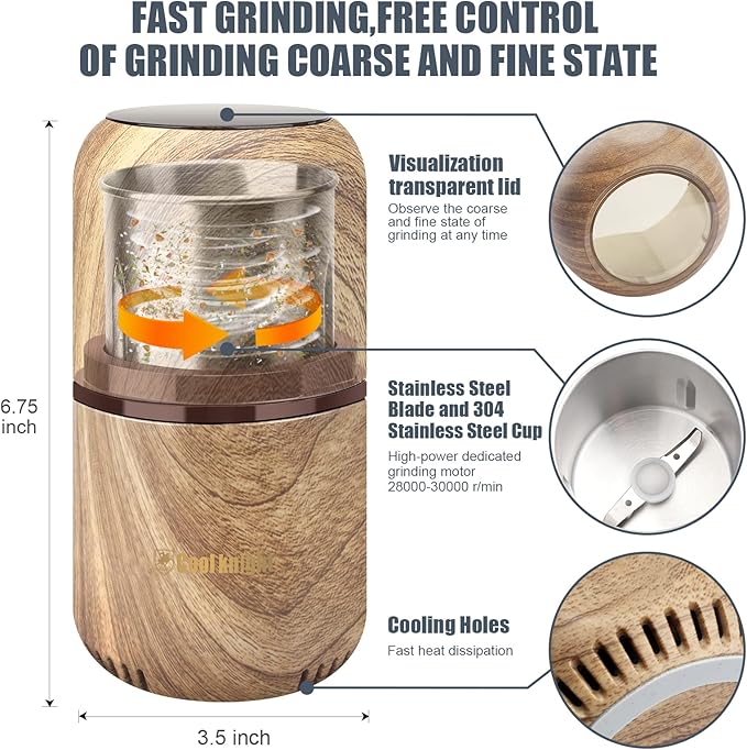 COOL KNIGHT Herb Grinder [large capacity/fast/Electric ]-Spice Herb Coffee Grinder with Pollen Catcher/- 7.5" (Wood grain)