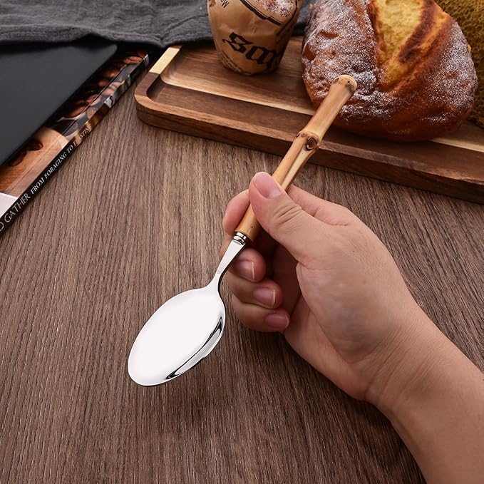 30PCS Silverware Set for 6, Bamboo Handle Flatware Set, Stainless Steel Cutlery Set for Home Restaurant and Party, Bamboo Forks Spoons and Knives Set, Polished Tableware