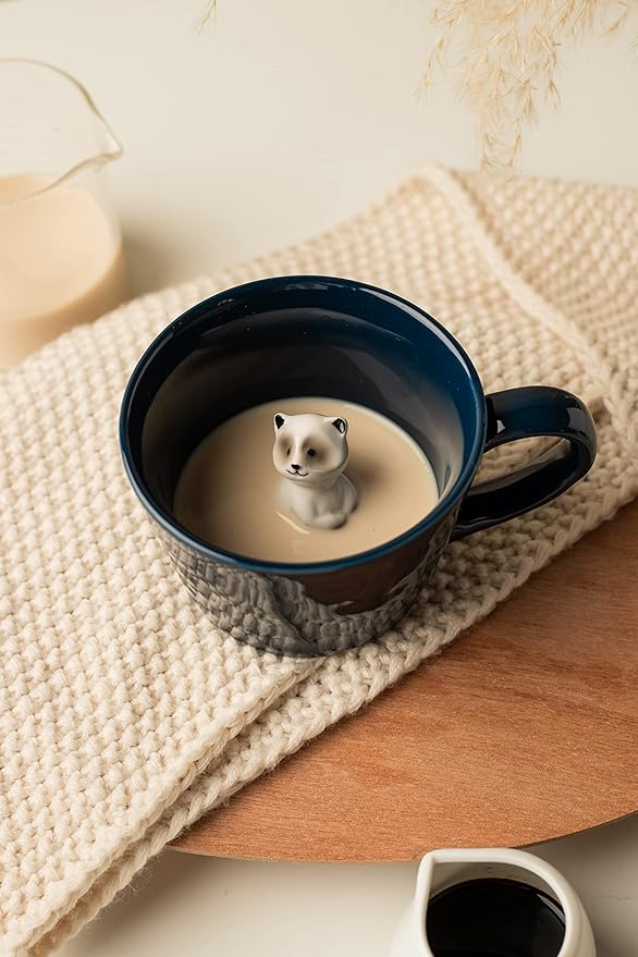 DIHOclub Racoon Ceramic Cup Hidden 3D Animal Inside Mug,Cute Cartoon Handmade Figurine Mugs,Holiday and Birthday Gift for Coffee Milk Tea Lovers,12 OZ(Dark Blue)
