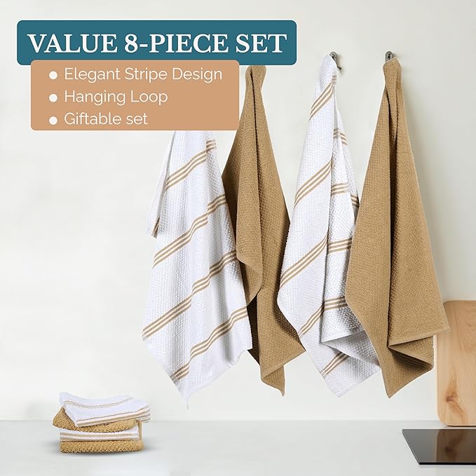 Casa Platino Kitchen Dish Cloths and Dish Towels, 8 Pc Cotton Set with Dual Designs for Drying and Surface Care, Soft and Stylish Helpers for Warm-Toned Kitchens – Beige