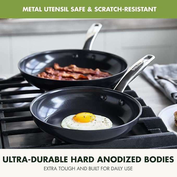 GreenPan Chatham Prime Midnight 8" and 10" Frying Pan Set, Hard Anodized Ceramic Nonstick, PFAS-Free, Dishwasher Safe, Oven Safe, Healthy Cooking Skillet for Eggs and Omelets, Black