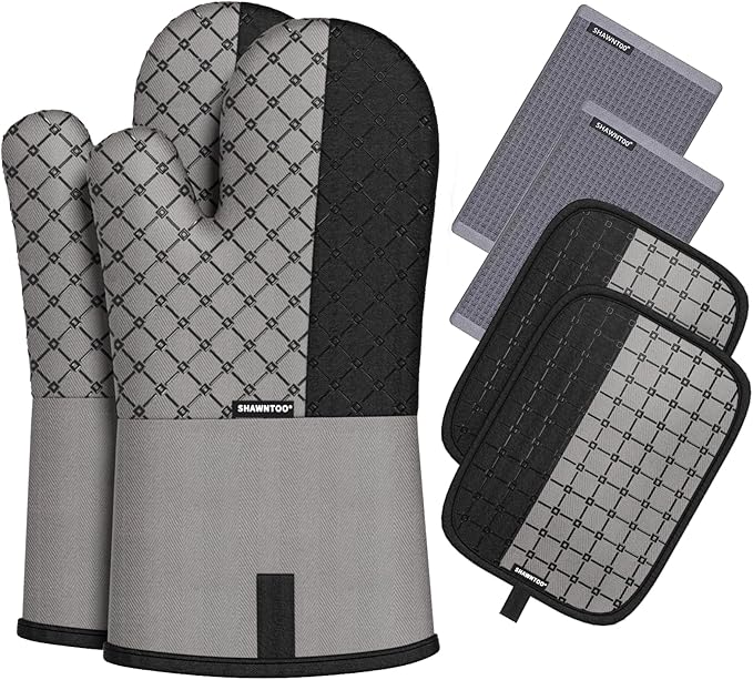 Oven Mitts and Pot Holders Sets 6pcs, Kitchen Oven Glove,High Heat Resistant 550 Degree Extra Long Oven Mitts and Potholders with Non-Slip Silicone Surface for Home Essentials (Grey) (Gray 2)