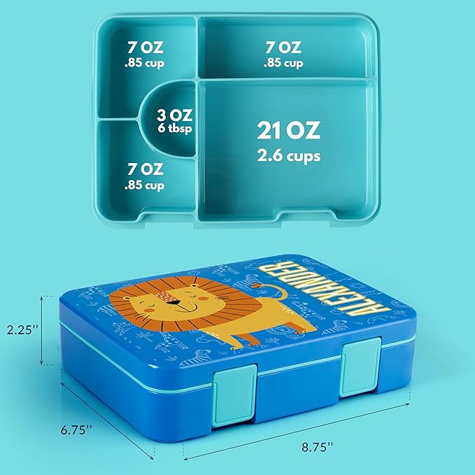 Personalized Bento Box for Kids with Safari Icon and Name - Salmon - 5 Compartments Drop-Proof Bento Box, Dishwasher Safe, Made with BPA-Free Materials, Bento Lunch Box for Kids and Toddlers