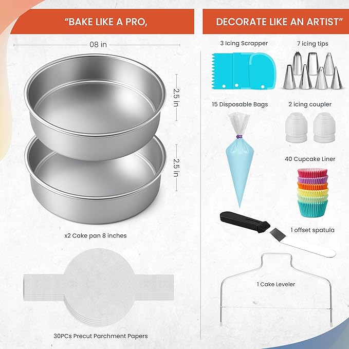 RFAQK 100PCs Anodized Aluminum Cake Pans Sets for Baking - 8 inch Round Cake Pans with Cake Leveler, Piping Bags, Icing Tips, 30 Parchment Papers, 40 Cupcake Liners & Icing Spatula for Cake Decorating