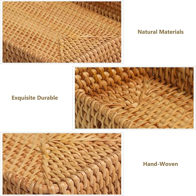 Rattan Tray Set of 3, Rectangular Woven Wicker Tray, Natural Wicker Rattan Serving Baskets for Table Kitchen Bathroom Counter Organizing