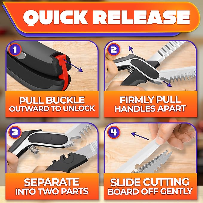 Cutting Board Scissors for Food – 6-in-1 Kitchen Food Scissors with Ribbed Blade, Automatic Spring & Safety Lock, Dishwasher Safe – Kitchen Shears for Easy Slicing of Meat, Fish, Veggies Fruits, Bread