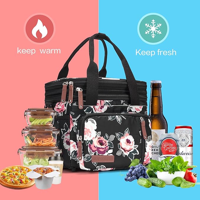 MOV COMPRA Lunch Bag Women Flower Insulated Lunch Box for Work, Expandable Large Lunch Bag, Leakproof Double Deck Lunch Box Cooler Bag with Removable Shoulder Strap（Flower）