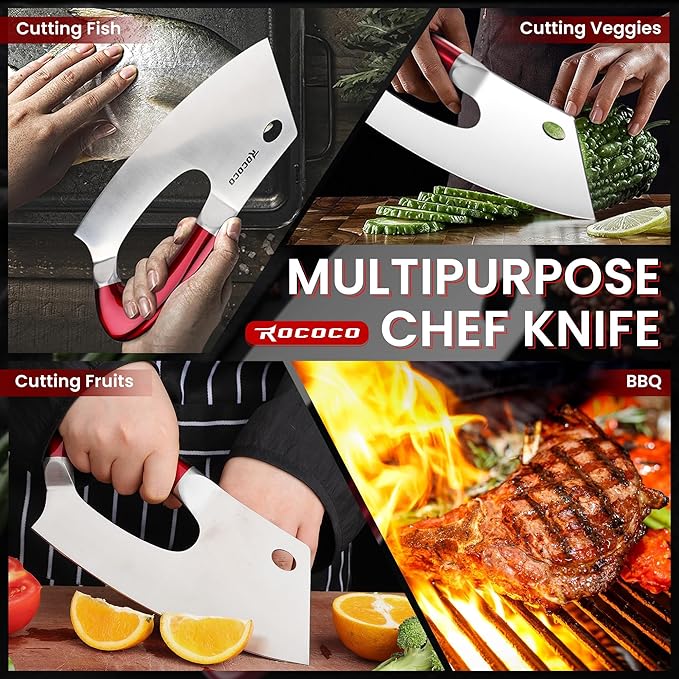 ROCOCO Meat Cleaver Knife Unique Effort Saving Kitchen Knife Professional Stainless Steel Chef Cooking Knives for Cutting Meat Vegetable Father Mother Christmas Gift Red