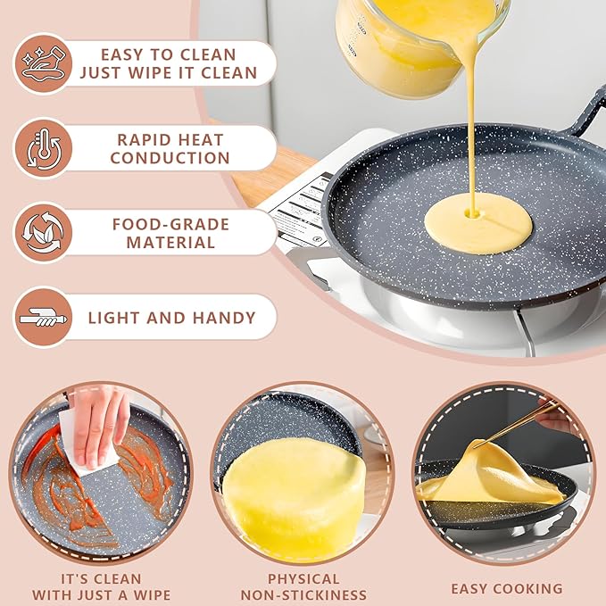 Crepe Pan, 9.5 Inch Griddle Pan, Nonstick Flat Skillet Dosa Tawa Comales Para Tortillas Pancake Pans, Nonstick Crepe Pans for All Stoves (9.5 Inch)