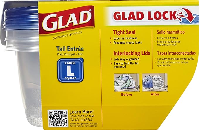 Glad GladWare Tall Entree Food Storage Containers - Large Square - Meal Container Holds up to 42 Ounces of Food - Lock Tight Seal, 3 Count - 6 Pack