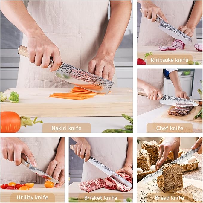 FINDKING 7PCS Kitchen Knife Set, with Wooden Magnetic Knife Holder, Elegant Japanese Chef Knives Set, Sharp Stainless Steel Blade, Pakka Wood Handle, for Daily Cooking (Michelia Series)