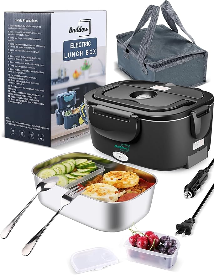 Buddew Electric Heated Lunch Box for Adults - 80W Fast Heating, 1.5L Food-Grade Stainless Steel, 12V/24V/110V Portable Food Warmer for Work Travel Car, Lonchera Electrica Portatil