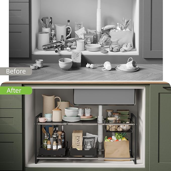 NETEL Under Sink Organizers and Storage,Kitchen Cabinet Organizer,2 Tier Under Sink Expandable Shelves，Bathroom Cabinet Organizer with Pull Out Drawers,(30.9-31.64)" W x 14.69" D x 15.83" H,Black