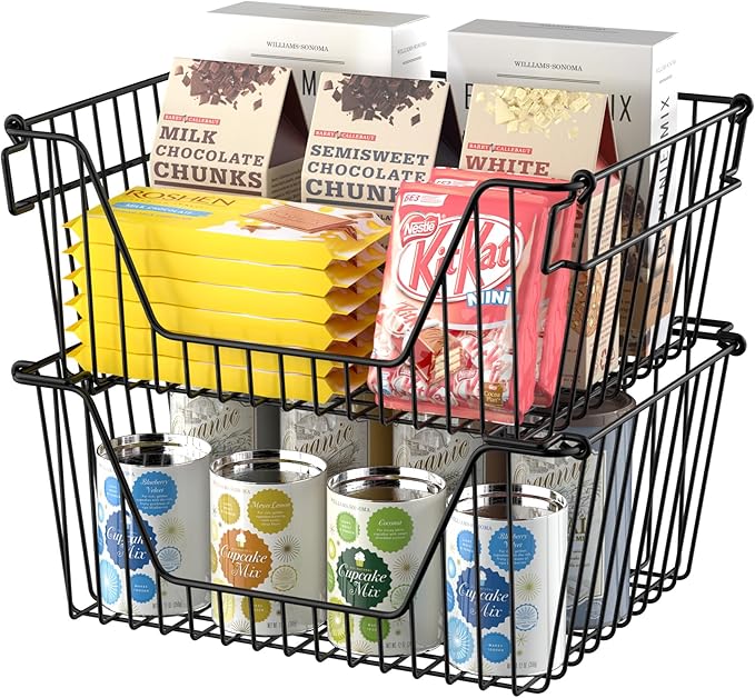 SANNO Black Stackable Wire Baskets Stacking Bins for Vegetable Storage Pantry, Fridge,Bathroom Storage Organization,4 pack