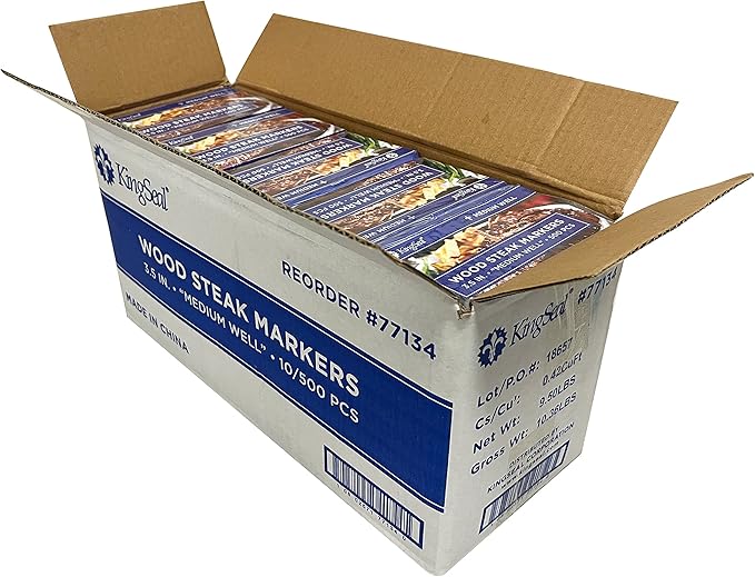 KingSeal 3.5 Inch Natural Birch Wood Steak Markers, Heat Stamped, MED Well, Commercial Bulk Pack - 10 Boxes of 500 (5,000pcs Total)