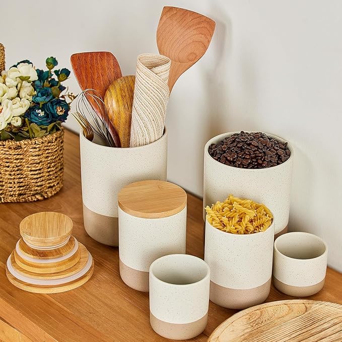Yangbaga Canister Sets for Kitchen Counter, 80 OZ Large Ceramic Food Storage Jars with Airtight Wood Lids, Large Kitchen Canisters for Coffee, Sugar, Tea, Flour, Spice