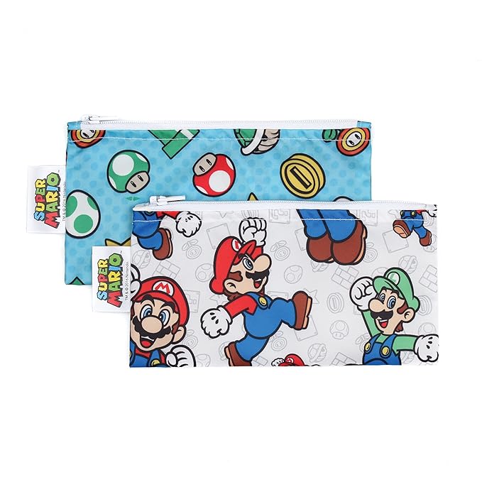 Bumkins Nintendo Reusable Snack Bags, for Kids School Lunch and for Adults Portion, Washable Fabric, Waterproof Cloth Zip Bag, Supplies Travel Pouch, Food-Safe, 2-pk Super Mario