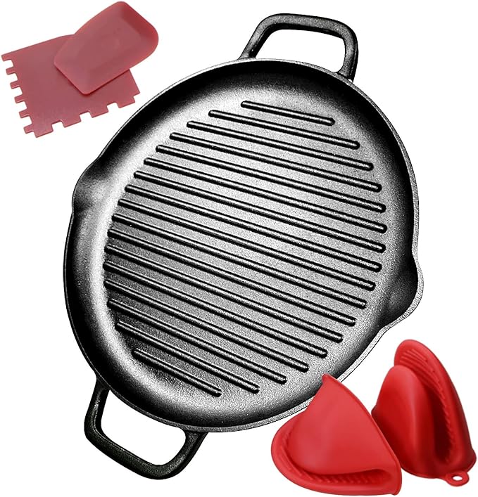 Pre-Seasoned Cast Iron Griddle Pan - 12.6 Inch Round Grill Pan with Dual Handles for BBQ and Stove Top Cooking