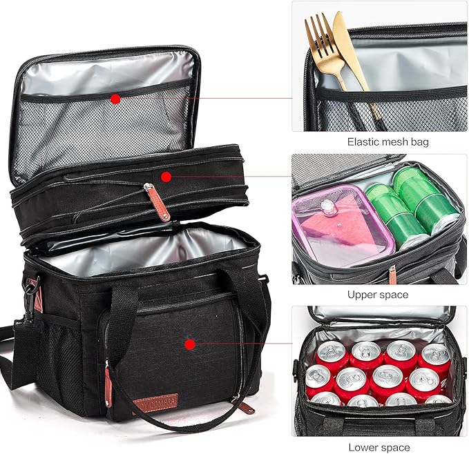 MOV COMPRA Lunch Bags for Men Women, Black Adult Lunch Box for Work, Expandable Leakproof Double Deck Lunch Box Cooler Tote Bag with Removable Shoulder Strap（Black）