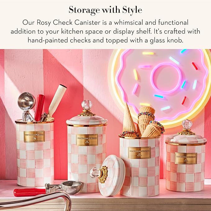 MACKENZIE-CHILDS Large Enamel Canister, Kitchen Storage Container for Flour and Sugar, 1.89 Liters, Pink-and-White Rosy Check
