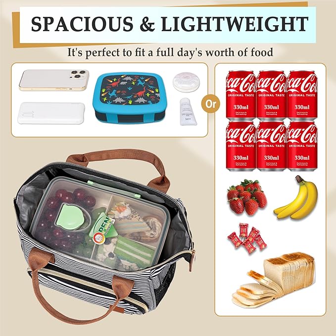 TuErCao Small Lunch Bag Lightweight Insulated Lunch Box for Women Work Portable Soft Cooler for Picnic Travel Road Trips, Loncheras para Mujer, Stripes