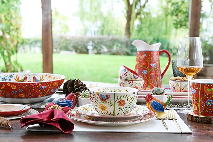Bico Red Spring Bird Pasta Bowls, 35oz Salad Bowl Set of 4, Large Ceramic Serving Dinner Bowls for Soup and Cereal, Microwave and Dishwasher Safe, Gift for Housewarming and Thanksgiving
