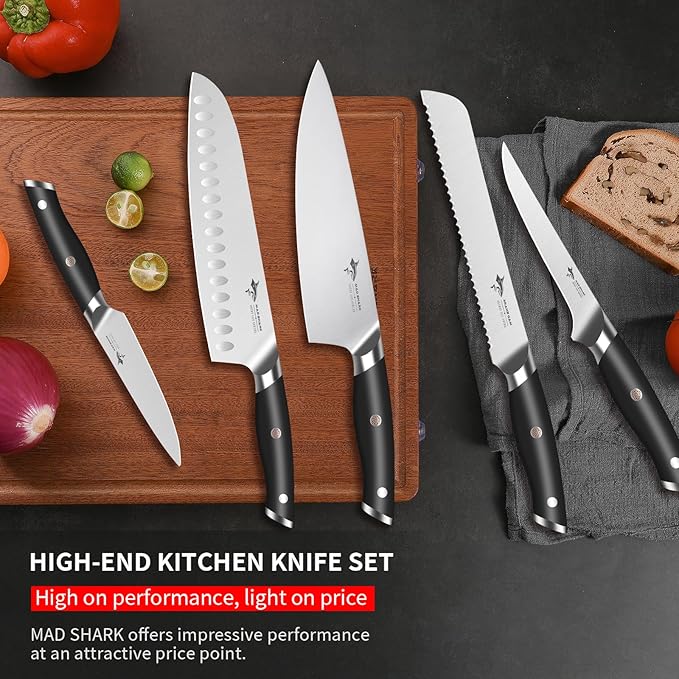 MAD SHARK Kitchen Knife Set, Professional Kitchen Knives 5PC Chef Knife Sets, German High Carbon Stainless Steel, Ultra Sharp Cooking Knives with Gift Box