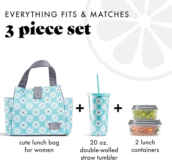 Fit & Fresh Lunch Bag For Women, Insulated Womens Lunch Bag For Work, Leakproof & Stain-Resistant Large Lunch Box For Women With Containers and Matching Tumbler, Snap Closure Westport Bag Aqua