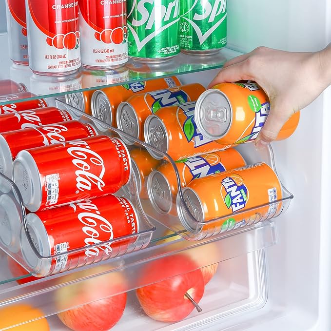 Puricon 2 Pack Standard Can Drink Dispenser Organizer for Refrigerator Plastic Soda Pop Holder Container Storage Bin for Fridge Freezer Pantry Kitchen