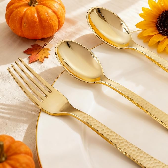 KIRE 400PCS Gold Plastic Spoons and Forks Disposable - Gold Plastic Silverware Set Disposable - 200 Forks and 200 Spoons for Thanksgiving Party, Birthday