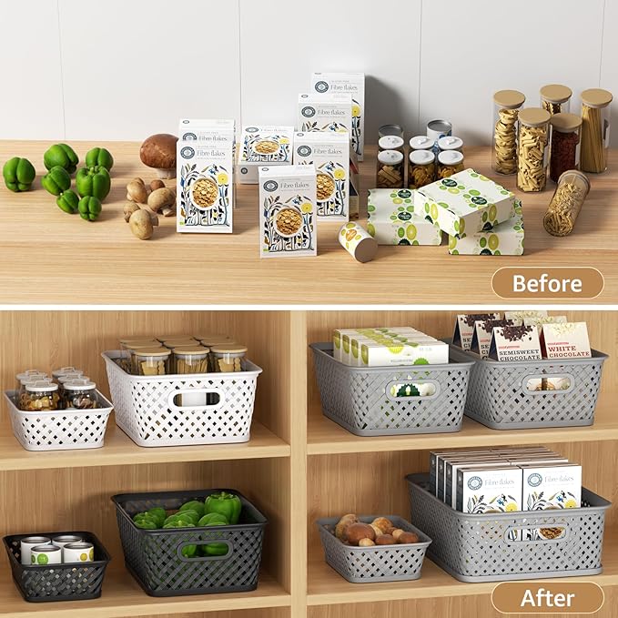 MaxGear Organization and Storage 3 Packs, Plastic Bins Organizer Bins, Woven Baskets for Storage, Plastic Baskets with Handles, Black Basket for Organizing, Basket Organizer for Home and Office, Small
