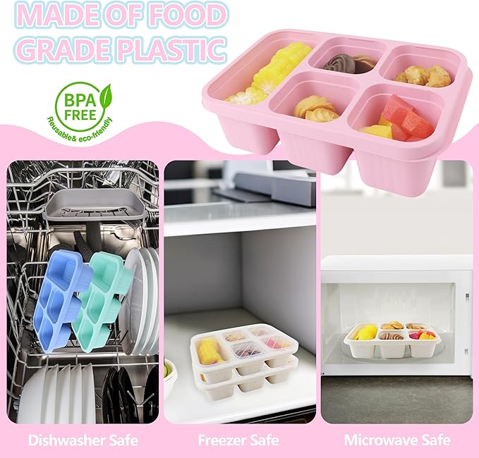 Finorder 4 Pack Wheat Straw Containers, Multicolor 5 Compartment Reusable Snack Bento Box, Rectangle Meal Prep Food Containers for Adults, Office and Travel