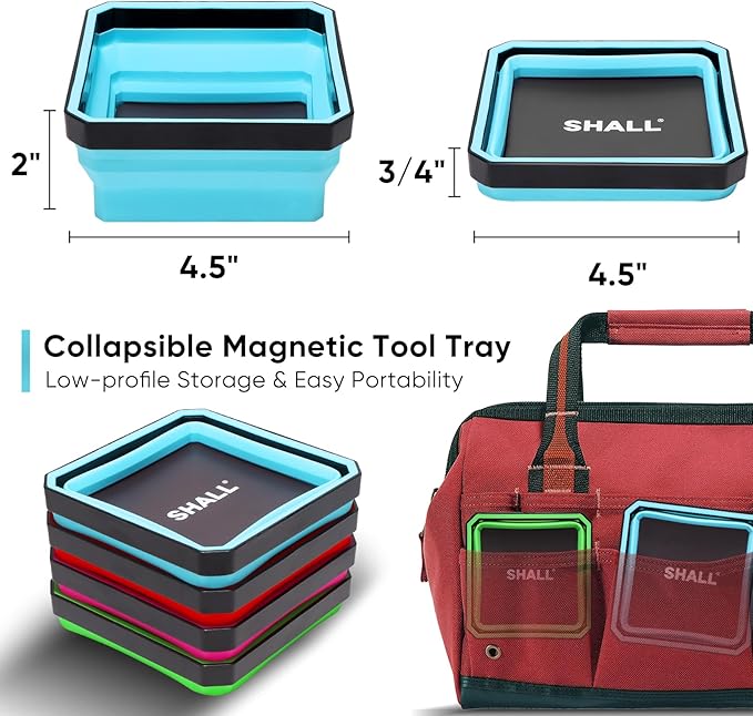 SHALL New Version Collapsible Magnetic Parts Tray Set, 4-Pack Magnetic Tool Trays for Screw Bolts Nuts Washers Pins & Small Metal Parts, 4.5” Square Silicone Foldable Bowls w/Dual-Sided Magnetic Base