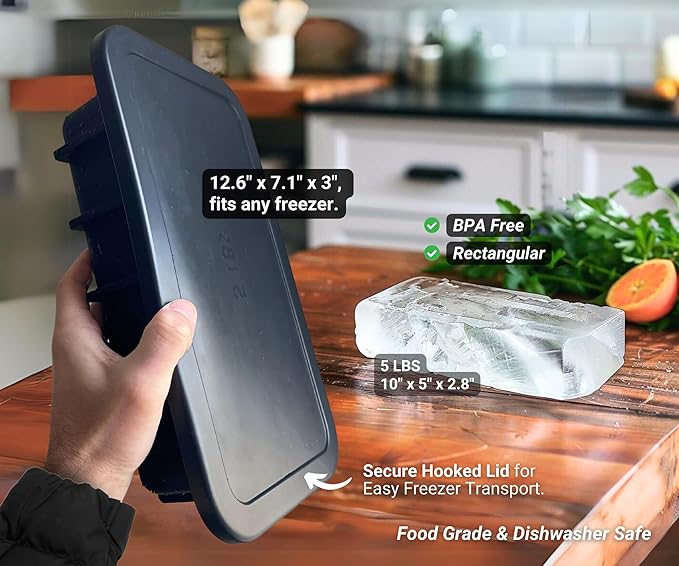 Alaskey® Extra Large Ice Block Mold 5 lbs With Lid (2-Pack) | Create Perfect Ice Bricks | Professional Silicone Mold for Crafting Giant Ice Cubes, Ideal for Ice Baths, Coolers, Bartender Accessories