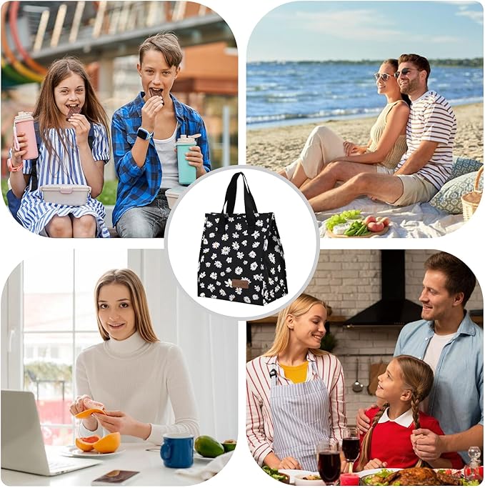 TELLUMO Lunch bag, Insulated Lunch Bag for Women Men Large Lunch Box Container Reusable Leakproof Tote for Office, Work, School, Beach or Travel (Black Daisy)