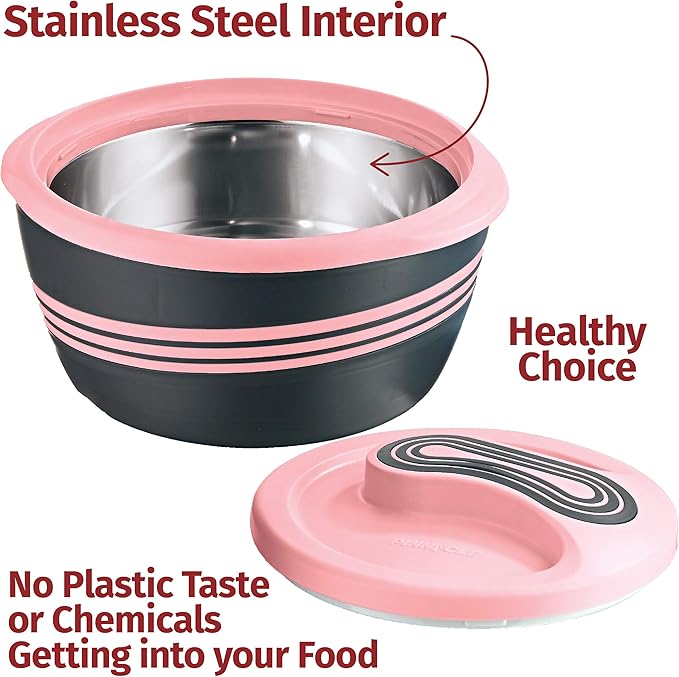 Pinnacle Insulated Casserole Dish with Lid 3 pc. Set 2.6/2/1 qt. Hot Pot Food Warmer/Cooler –Thermal Soup/Salad Serving Bowl- Stainless Steel Hot Food Container–Best Gift Set for Moms –Holidays Pink