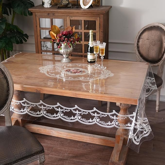 Clear Table Cover Protector Plastic Vinyl Table Cloth with White Lace Pattern Oil Spill Proof Plastic Tablecloths for Dining Tables Parties Holidays (French Lace, 60 x 84 Inches)