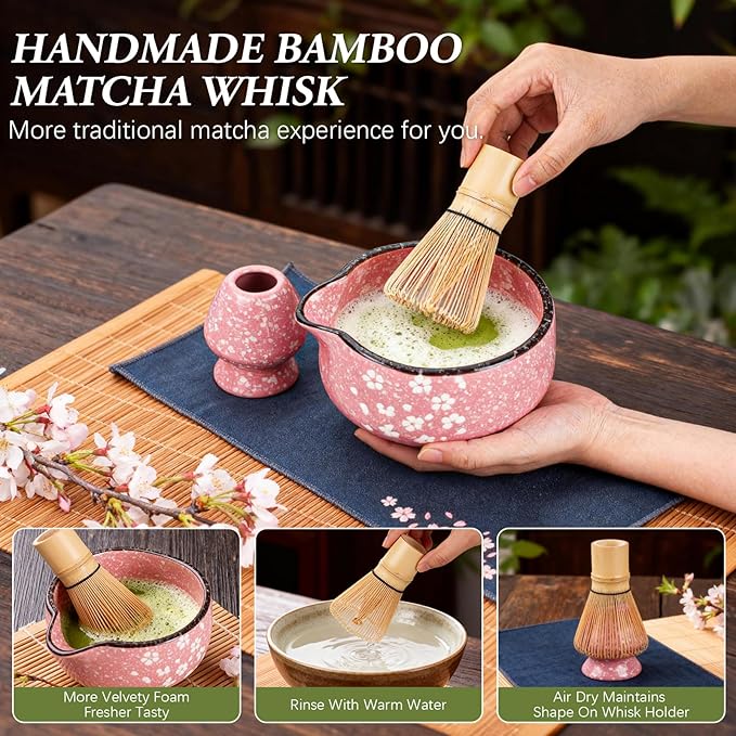 Matcha Whisk Set, 7 PCS Ceramic Matcha Sets with Bowl, Bamboo Whisk and Holder, Towel, Sifter, Bamboo Scoop, Scoop Rest, Christmas Gifts for Tea Lovers, Birthdays New Year Gifts for Women Mom