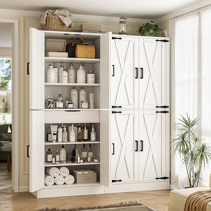 Unikito Kitchen Pantry Cabinet with Farmhouse Barn Doors and Storage Drawer, 8 Adjustable Shelves, Freestanding Tall 71" Cupboard for Dining Room, Living Room, Utility Room, White, 2 Pack