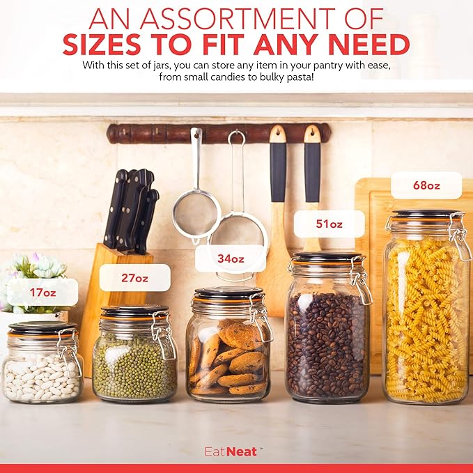 EatNeat 5‑Piece Airtight Glass Canister Set with Clamp Lids – 17 to 68 oz Jars for Kitchen Pantry Storage – Giftable Food Containers for Dry Goods & Countertop – Includes Labels & Marker