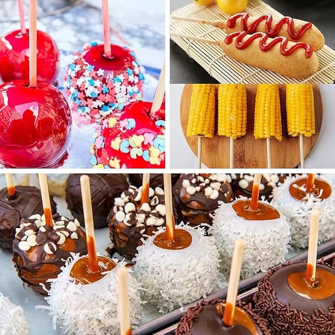 HANSGO Wooden Candy Apple Sticks, 5 mm 7 inch Birch Caramel Apple Cotton Sticks Semi Pointed Lollipop Skewer for Festival Party Favor BBQ Corn Dog