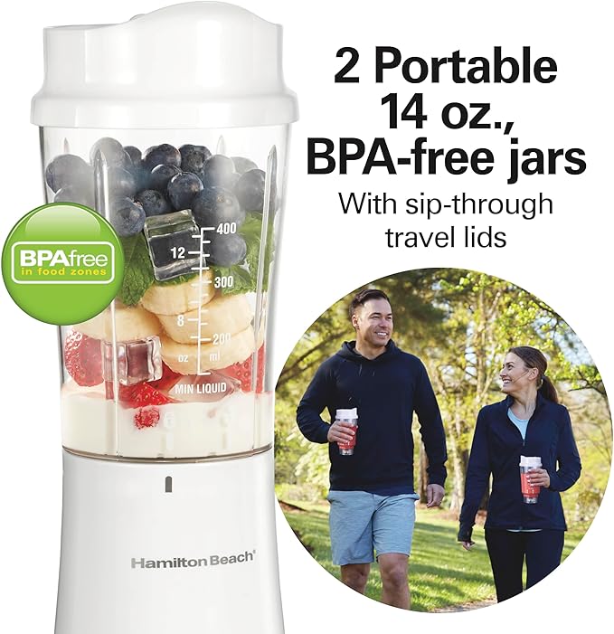 Hamilton Beach Portable Blender for Shakes and Smoothies, 14 Oz BPA Free Travel Cup & Lid, Durable Stainless Steel Blades, Personal Smoothie Blender, 2 Jars - White (51102V)