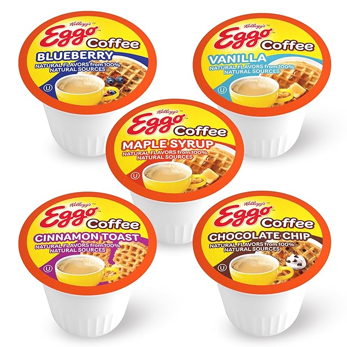 Eggo Beverages Waffle Flavored Coffee Pods Variety Pack Sampler for Keurig K Cup Brewers, Fair Trade Certified, 40 Count – Chocolate Chip, Cinnamon, Maple Syrup, Blueberry, Vanilla