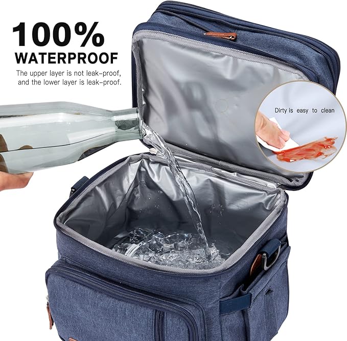 Men's Double Compartment Lunch Bag, Insulated Lunch Cooler Tote 2 Roomy Large Reusable Water-resistant Lunch Box (Blue)