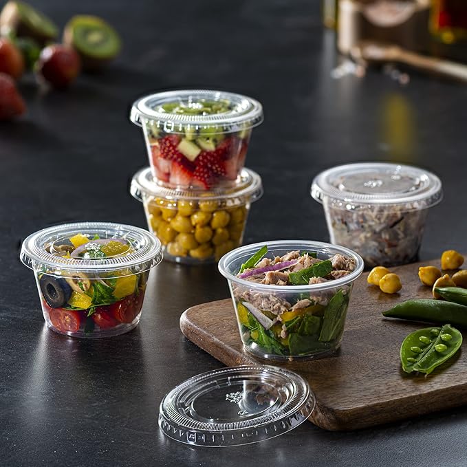 Pantry Value [4 oz. - 200 Count Clear Disposable Plastic Portion Cups with Lids - Small Plastic Condiment Containers for Sauce, Salad Dressings & Portion Control