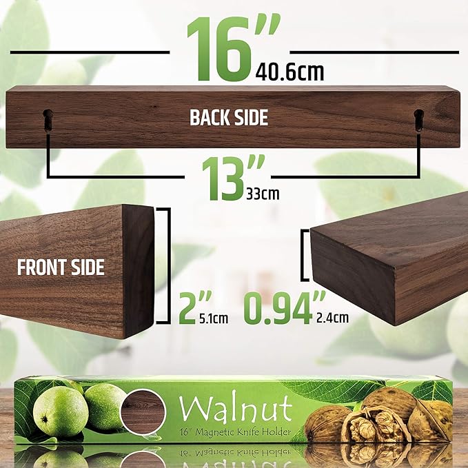 Premium Dark Walnut Wood Magnetic Knife Holder for Wall | 16 Inch | Upgraded Version | Professional Wooden Magnetic Knife Strip - Space-Saving Knife Rack/Knife Bar With Powerful Magnetic Pull Force