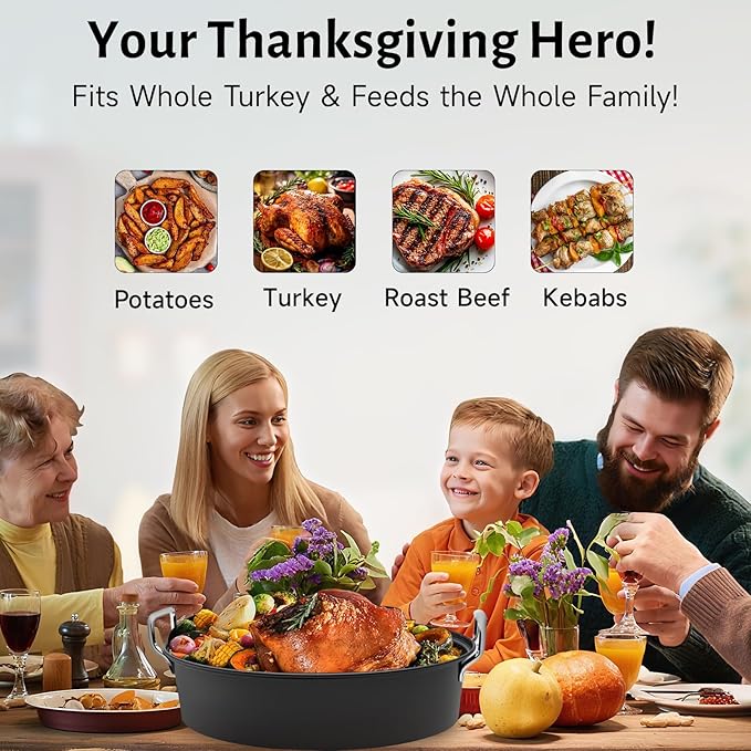 32L Large Oval Roaster Pan, Carbon Steel Roasting Pan with Rack and Lid for Thanksgiving Christmas Party, Turkey Roaster Pan for Chicken Beef Max Load 25 Lbs
