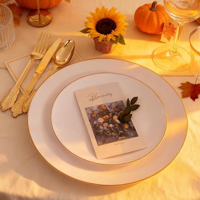 KIRE 100PCS Disposable Plates - White with Gold Rim for Thanksgiving Party/Wedding - Includes 50Pieces 10.25inch Dinner and 50Pieces 7.5inch Dessert/Salad Plates