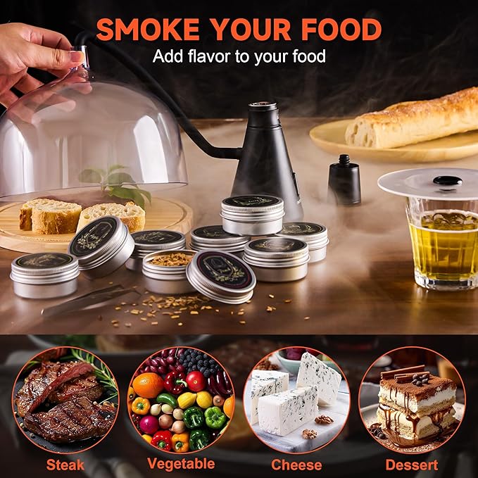 Elegant Cocktail Smoker Kit - Complete Whiskey Drink Smoking Gun with 8 Flavors of Wood Chips, Dome, and Accessories, Adds Flavor to Food and Drinks, Infuser Kit for Indoor Outdoor Use